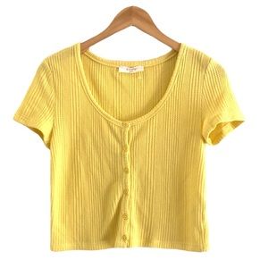 Elodie | Anthropologie yellow waffle knit scoop neck button front tee si…